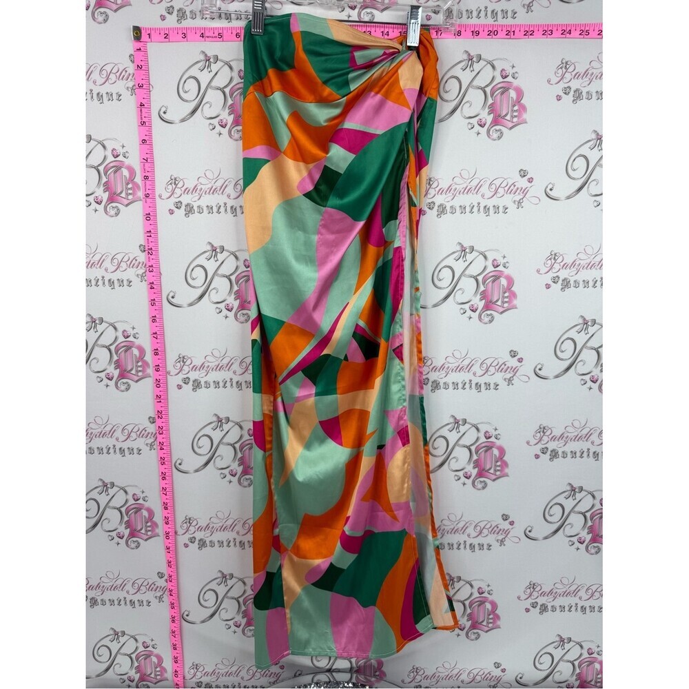 RNWY skirt side slit bright Abstract Print Maxi Skirt — Green, Pink & Orange